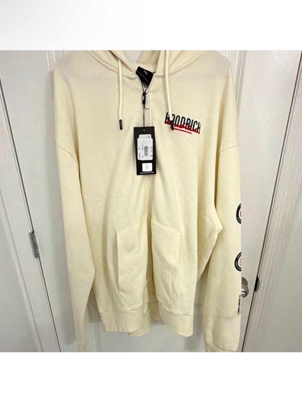 Hoodrich Men's XXL Beige Full Zip Hooded Fleece Hoodie Pockets Graphic Logo